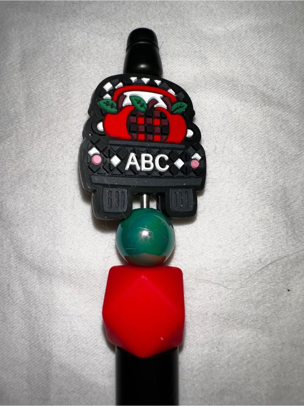 Black Pen with Red and Green Beaded Top - ABC Pen